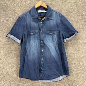 Calvin Klein Shirt Men M Medium Blue Denim Dark Wash Button Up Collared Pockets